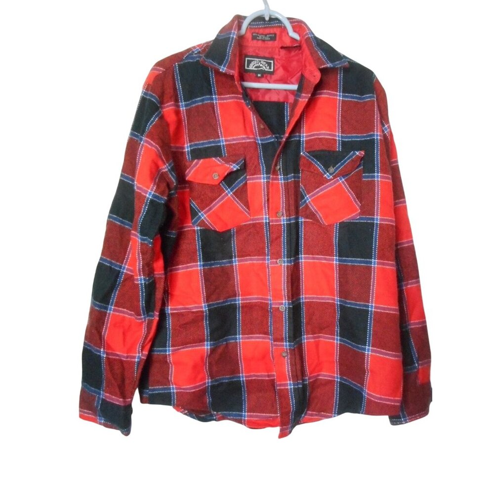 Vintage Sz M blue black Red Plaid long sleeve button front Shirt Rugged Wear